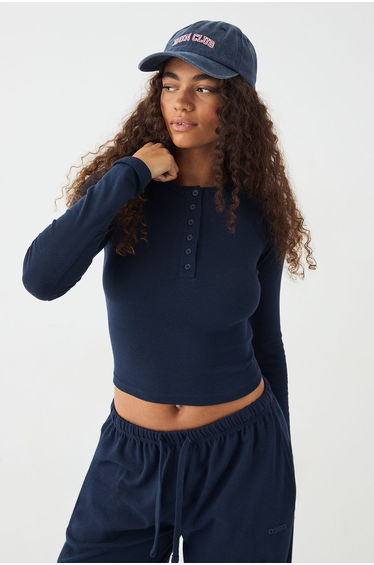 DSGN Studio Button Detail Embroidered Long Sleeve Top - navy