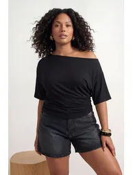 Black Plain Boat Neck Knitted Plus Size Blouse - 1