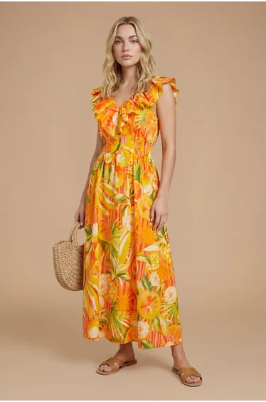 Fruit Frill Neckline Lace Detail Printed Midi Dress