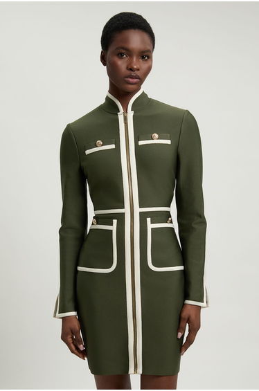 Figure Form Bandage Knit Piping Detail Military Mini Dress