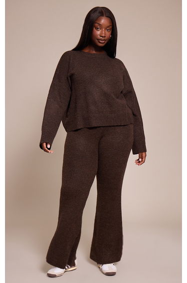 Plus Chocolate Wide Leg Knitted Trousers