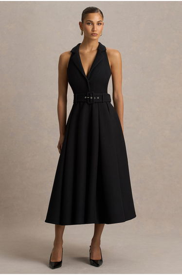 Alissa | Black Plunge-Neck Tailored Dress