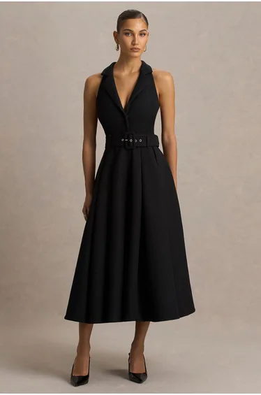 فستان بياقة عميقة - أسود