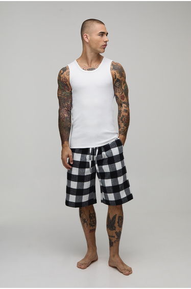 Ribbed Muscle Fit Vest & Check Lounge Short Set - white