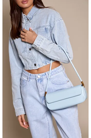 Blue Faux Leather Skinny Elongated Shoulder Bag