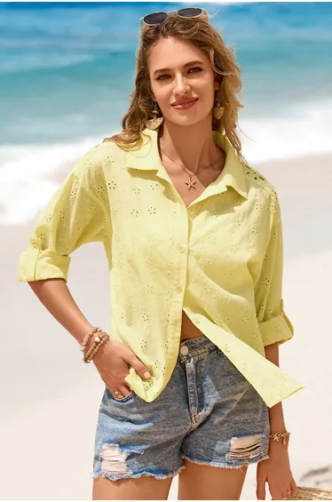Lvness Yellow Cream Solid Eyelet Flower Pattern Button Down Loose Shirt