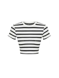 Limited Edition Black Ecru Striped Viscose Crop Crew Neck Stretchy Knitted Blouse - 6