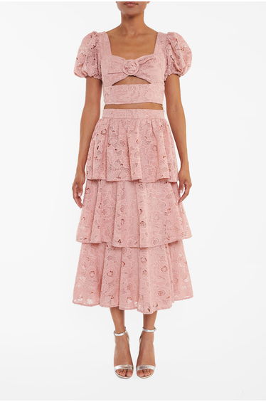 Rosalia Co-Ord Dusty Pink Cutwork Cut-Out Puff Sleeve Crop-Top