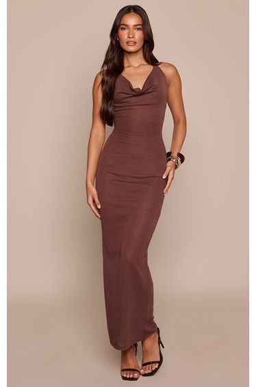 Chocolate Textured Cowl Front Maxi Dress