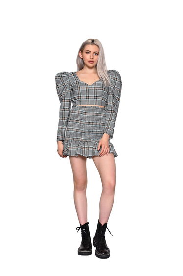 Glamorous Mono Blue Brown Check Top