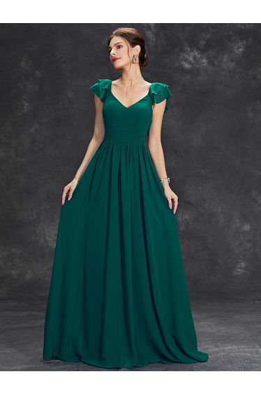 Leely Emerald Green V-Neck Ruffle Sleeve Chiffon Bridesmaid Dress