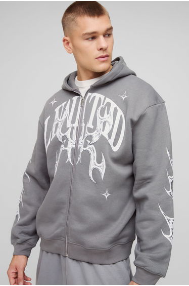Oversized Zip Through Limited Graphic Hoodie - charcoal
