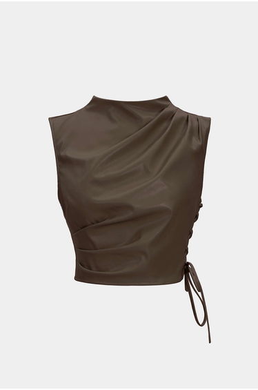Faux Leather Ruched Pleated Tank Top
