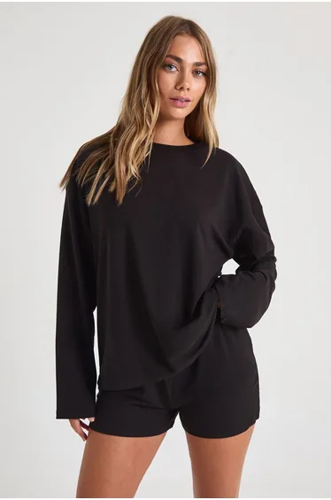 Modal Oversized Long Sleeve Top & Shorts Pyjama Set - black