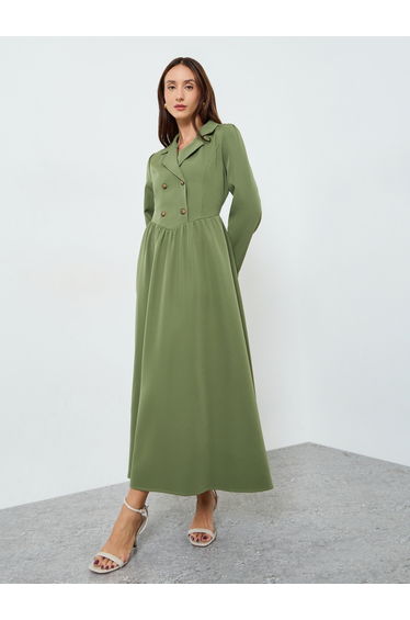 Women Notch Lapel Maxi Dress with Button Front