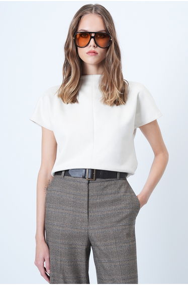 Women's Ecru Mock Neck Hidden Zipper Faux Suede Blouse