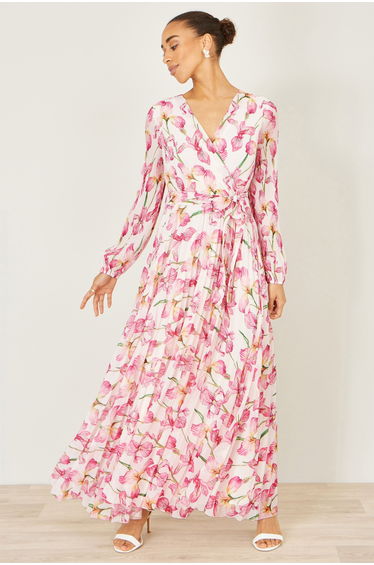Yumi White Orchid Floral Pleated Wrap Maxi Dress