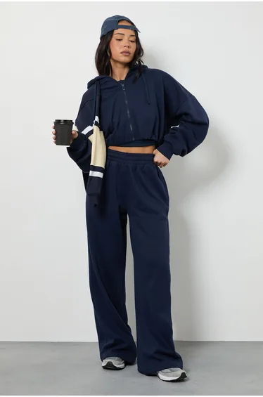Bubble Hem Cropped Hoodie Tracksuit - navy