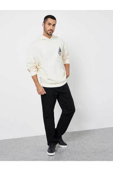 Men Cream Graphic Print Oversized Hoodie