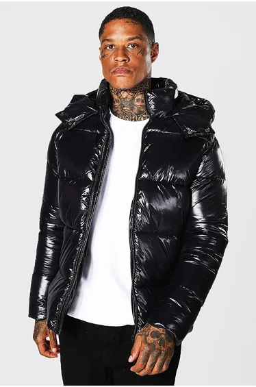 High Shine Puffer Jacket in Black - black