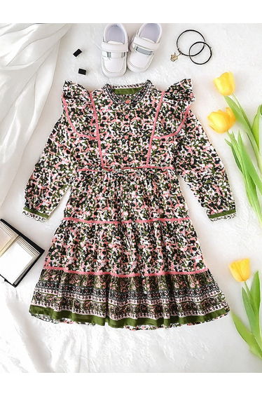 Floral Print Ruffled Detail Knee-Length Dress
