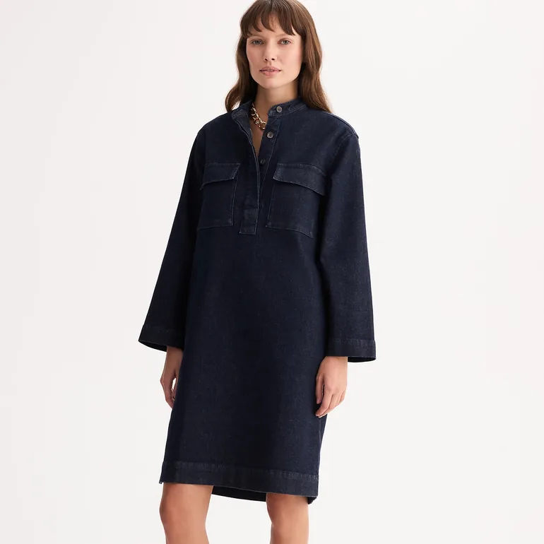 Denim Mid-Length Dress with Long Sleeves - 1
