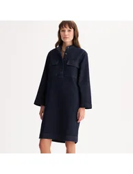 Denim Mid-Length Dress with Long Sleeves - 1