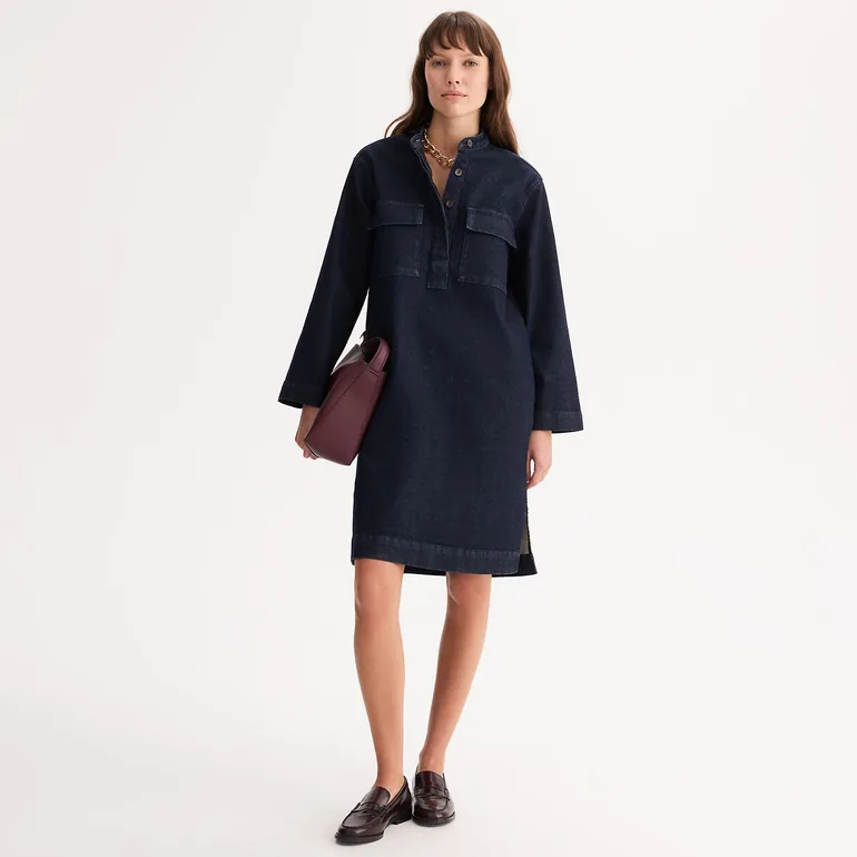 Denim Mid-Length Dress with Long Sleeves