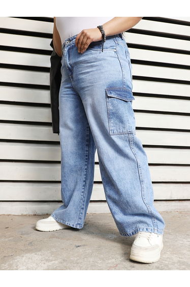 Plus Size Wide Leg Faded Cargo Jeans