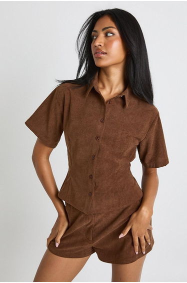 Cord Short Sleeve Fitted Shirt - chocolate