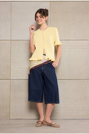 Yellow Floral Button Detailed Crew Neck Knitwear Blouse