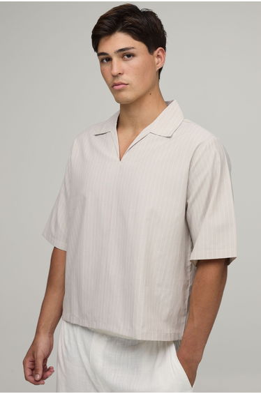 Oversized Boxy Poplin Stripe V-Neck Polo - light grey
