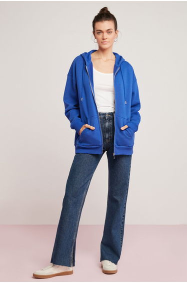 Oynx Women's Fleece Soft Zippered Oversize Saks Blue Hoodie