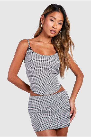 Mini Check Bow Detail Crop & Low Rise Mini Skirt - black
