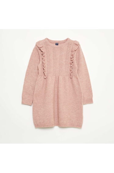 Knit Sweater Dress with Openwork Knit and Ruffles PINK