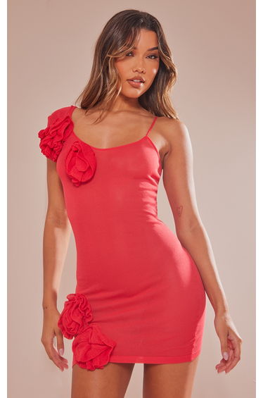 Red Sheer Knit Flower Embellished Dress