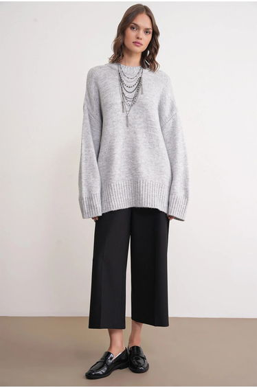 Mixray Oversized Ribbed Knit Sweater with Crew Neck