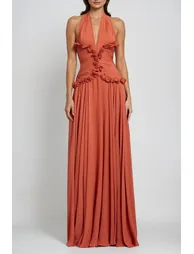 Dekel Halter Neck Ruffle Maxi Dress In Orange - 1