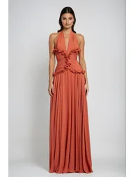 Dekel Halter Neck Ruffle Maxi Dress In Orange