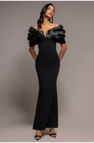 Satin Plunge Neck Bardot Scuba Maxi Dress - Black by Goddiva