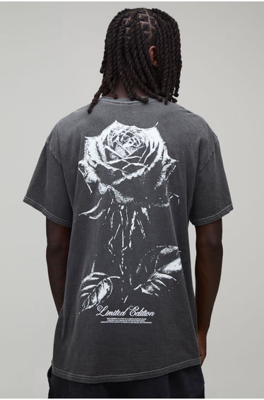 Oversized Rose Print Washed T-Shirt - washed charcoal product thumbnail 2