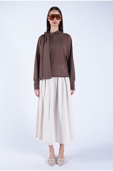 Women's Brown High-Neck Transparent Blouse with Fixed Scarf Detail