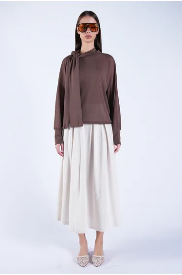 Women's Brown High-Neck Transparent Blouse with Fixed Scarf Detail