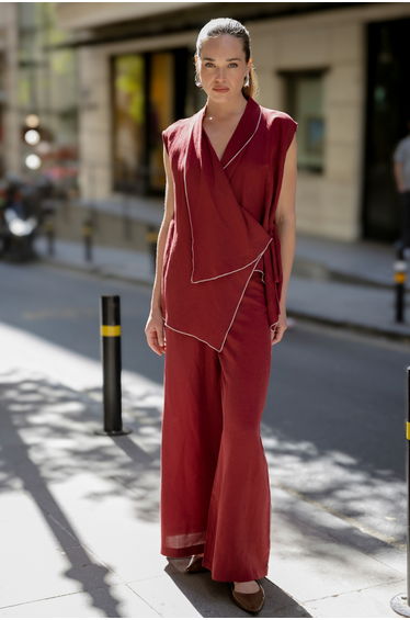 Burgundy White Piping Vest Pants Bottom - Top Set