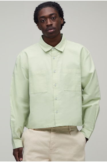 Boxy Fit Cropped Long Sleeve Oxford Shirt - pale green