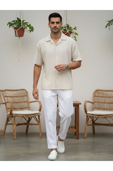 Men White Regular Fit Cotton Flex Trousers