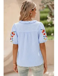 Lvness Sky Blue Stripe Floral Embroidered Puff Sleeve Ruffle Trim Shirt - 3