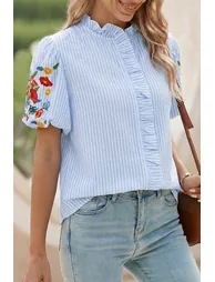 Lvness Sky Blue Stripe Floral Embroidered Puff Sleeve Ruffle Trim Shirt - 1
