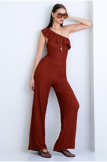 Women's Tile Single Shoulder Open Ruffle Detailed Seersucker Blouse Ce Pants Set