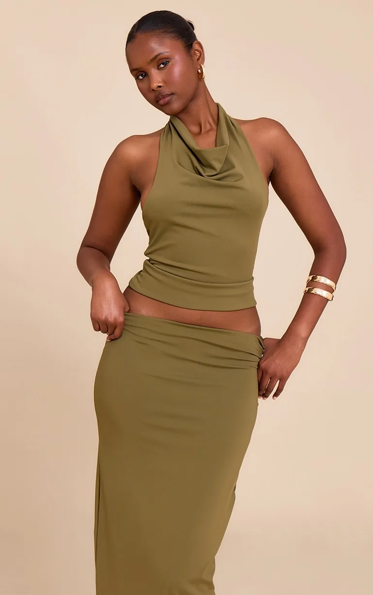 Olive Matte Sculpt Halterneck Gold Detail Backless Top - 1